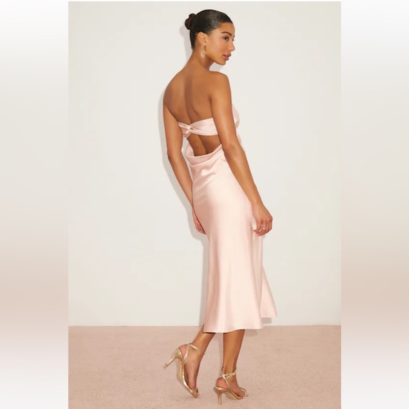 Lulus Effortless Bliss NWT XS‎ Blush Pink Satin Strapless Cowl Back Midi Dress - Picture 2 of 15
